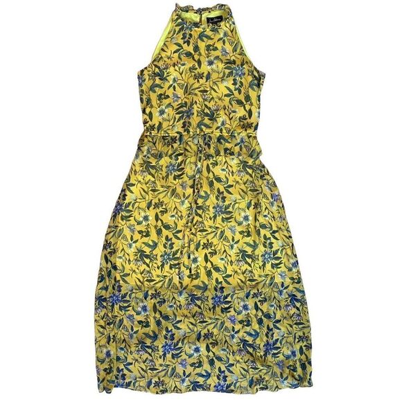 Sam Edelman Yellow Floral Sheer High Neck Peplum waist Maxi Dress - Sz 4 - Picture 9 of 10